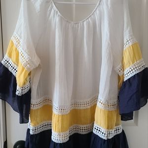 Plus-Size peasant blouse. Ivory, yellow and Blue. 3x